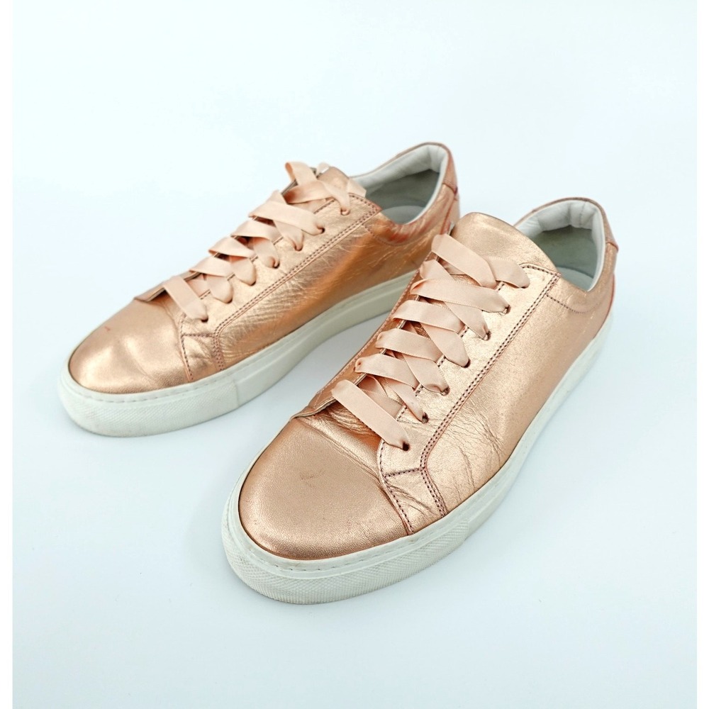 Del Toro Leather Sneakers Womens 9 Pink Metallic Low Top Satin Laces Shoes Glam - Picture 8 of 16